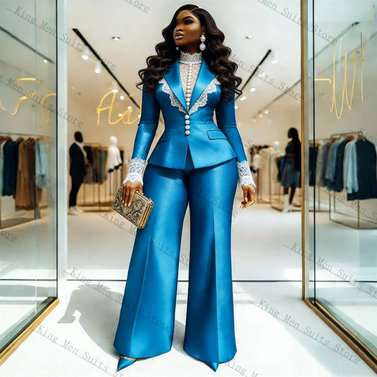 Blue Satin Lace Women Suit Set - огляд і ціна Women'S Formal Wear Tuxedo