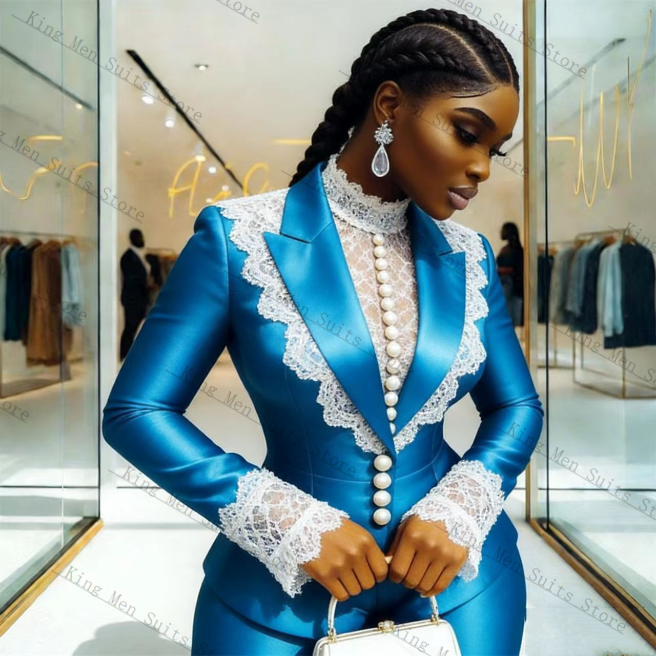 Blue Satin Lace Women Suit Set - огляд і ціна Women'S Formal Wear Tuxedo
