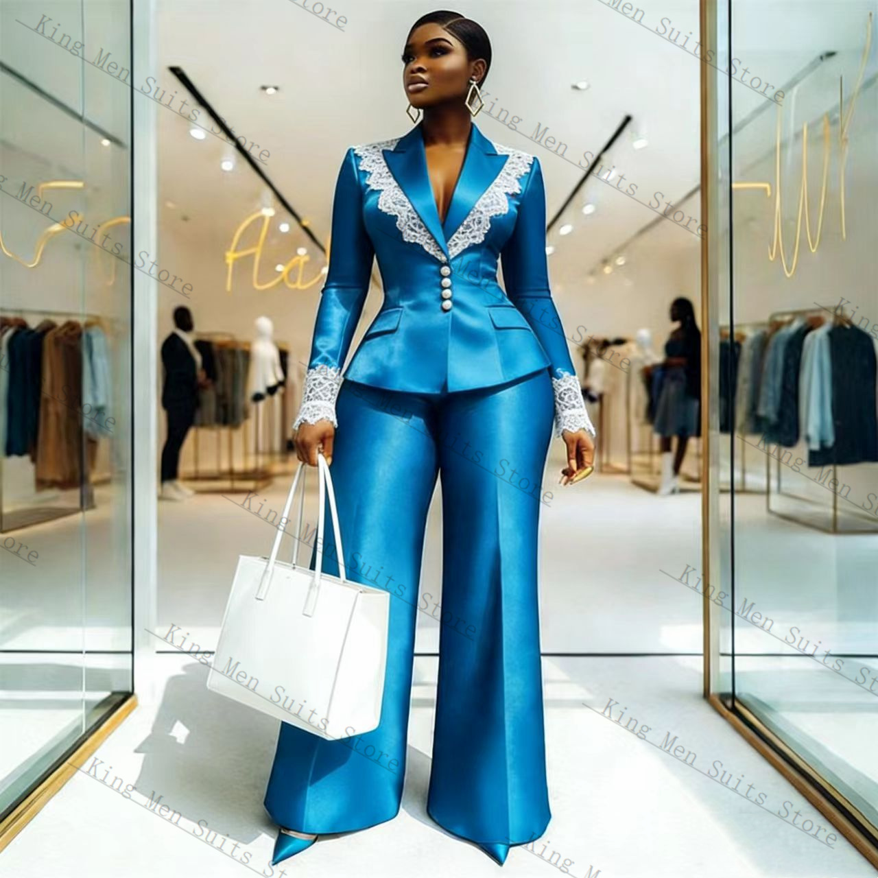 Blue Satin Lace Women Suit Set - огляд і ціна Women'S Formal Wear Tuxedo