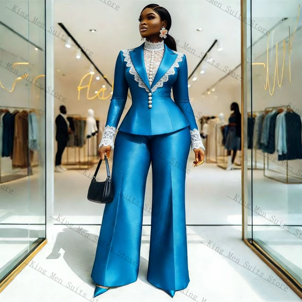 Blue Satin Lace Women Suit Set - огляд і ціна Women'S Formal Wear Tuxedo